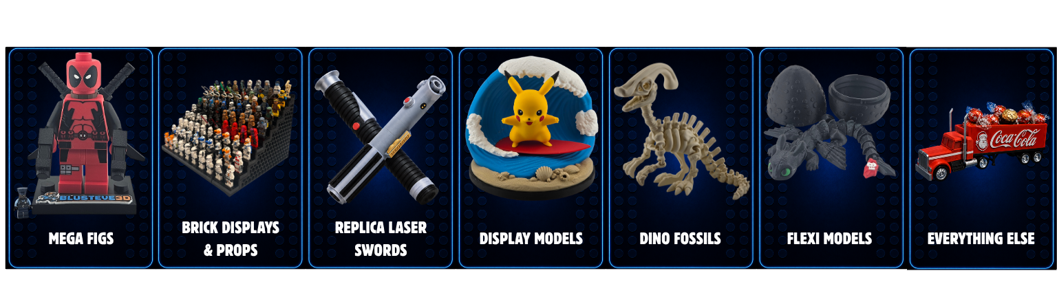 A collection of LEGO-style toy items, including mega figs, brick displays and props, replica laser sword, display models with Pikachu, dino fossils, flexi models, and a Coca-Cola truck with chocolates.