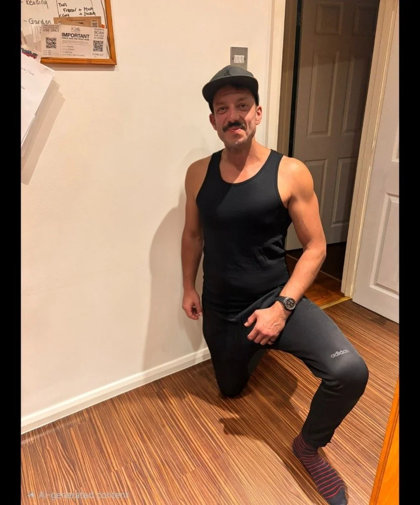 A man kneeling on one knee in a black tank top and gray Adidas sweatpants, wearing a cap and a watch, inside a home with wooden flooring. He is smiling and looking at the camera.