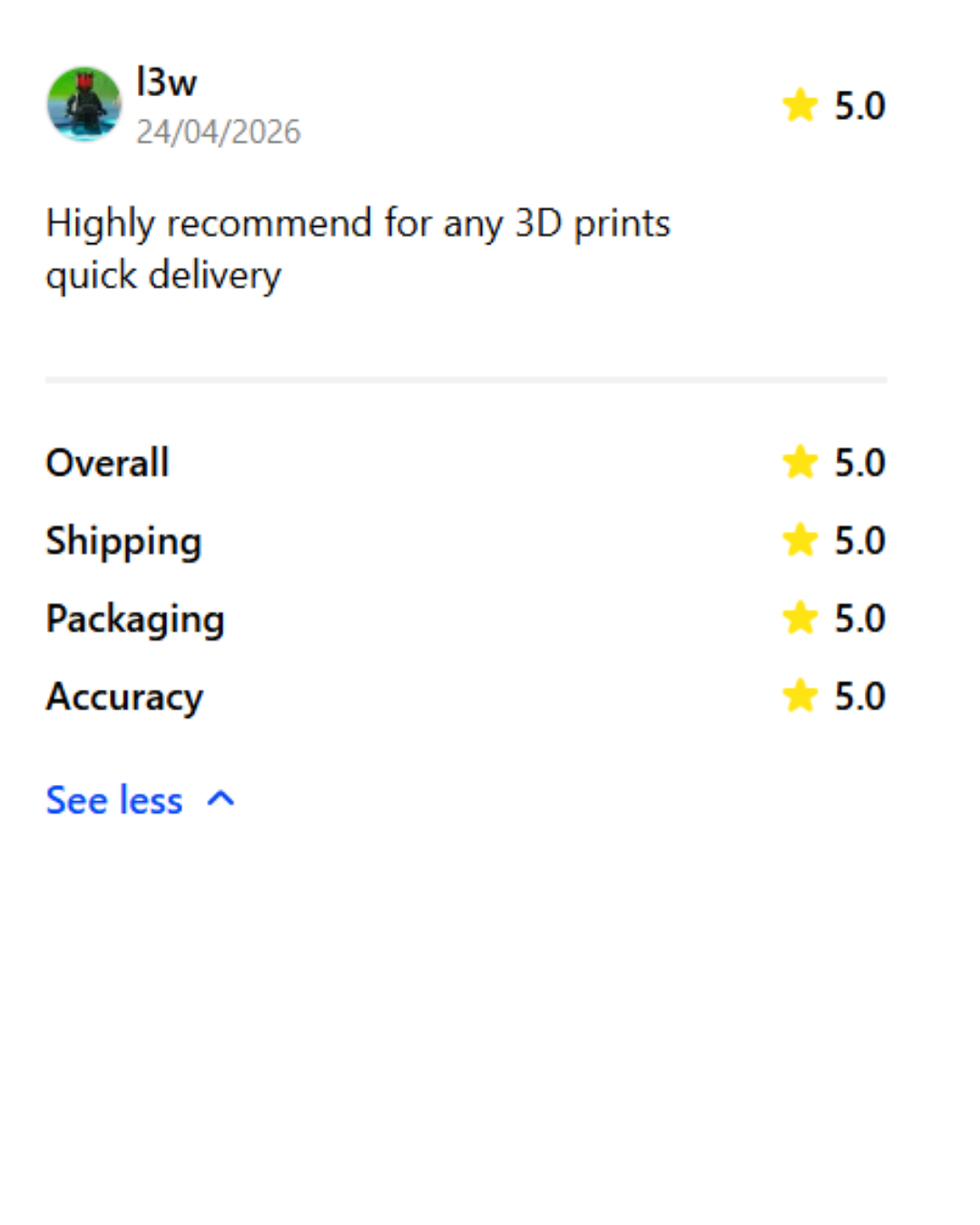 Screenshot of a product review profile with a 5-star rating and positive comments about 3D prints, including overall, shipping, packaging, and accuracy, dated April 24, 2026.