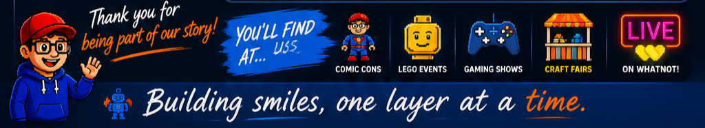 A promotional banner for an event, featuring a cartoon character in a blue hoodie and red cap, with text thanking for being part of the story, and mentioning comic cons, LEGO events, gaming shows, craft fairs, and live events. The banner has icons for each event type and colorful lettering.