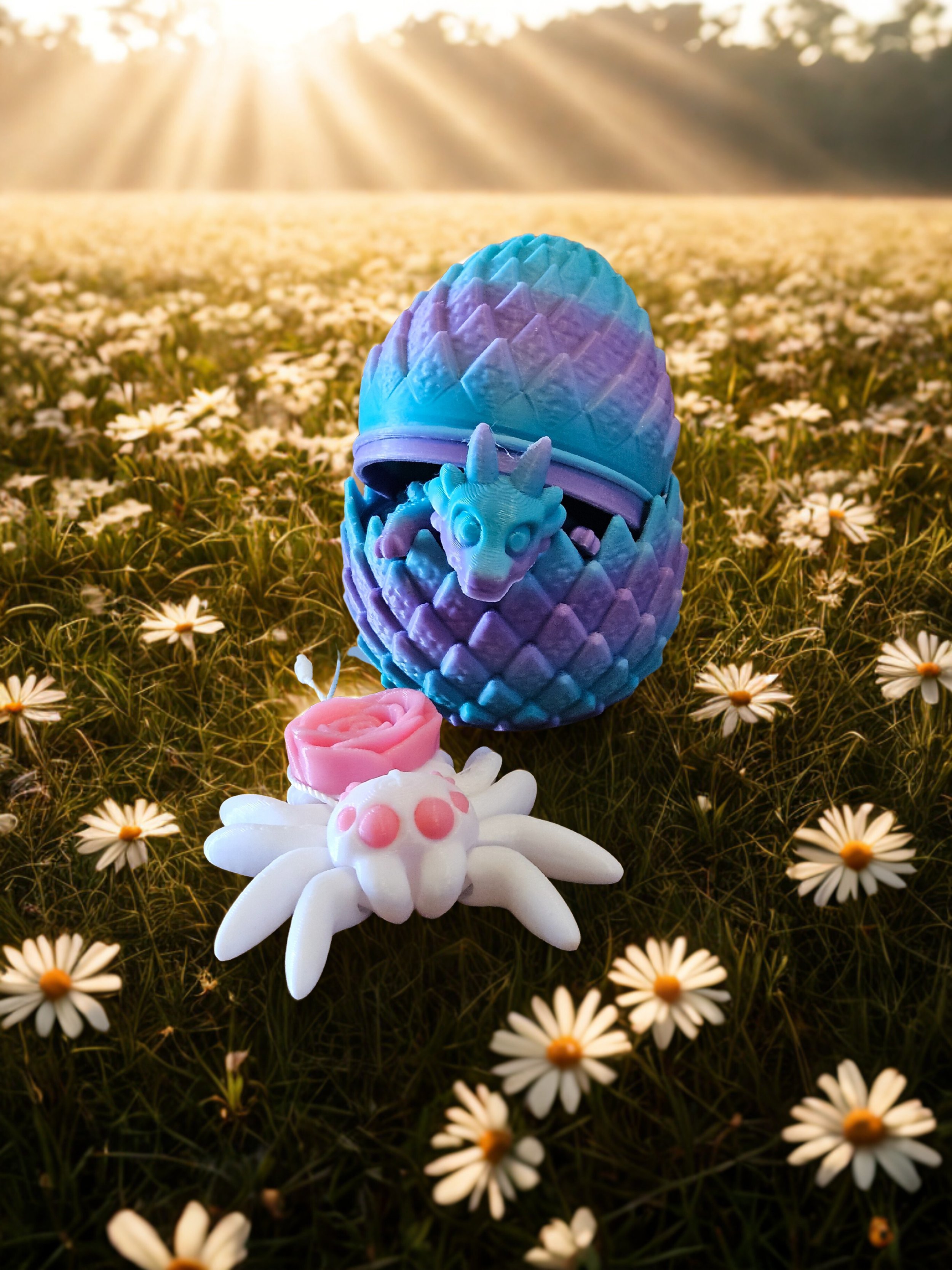 A colorful dragon egg toy with a small dragon figurine inside, placed on a bed of daisies with sunlight shining from the background.