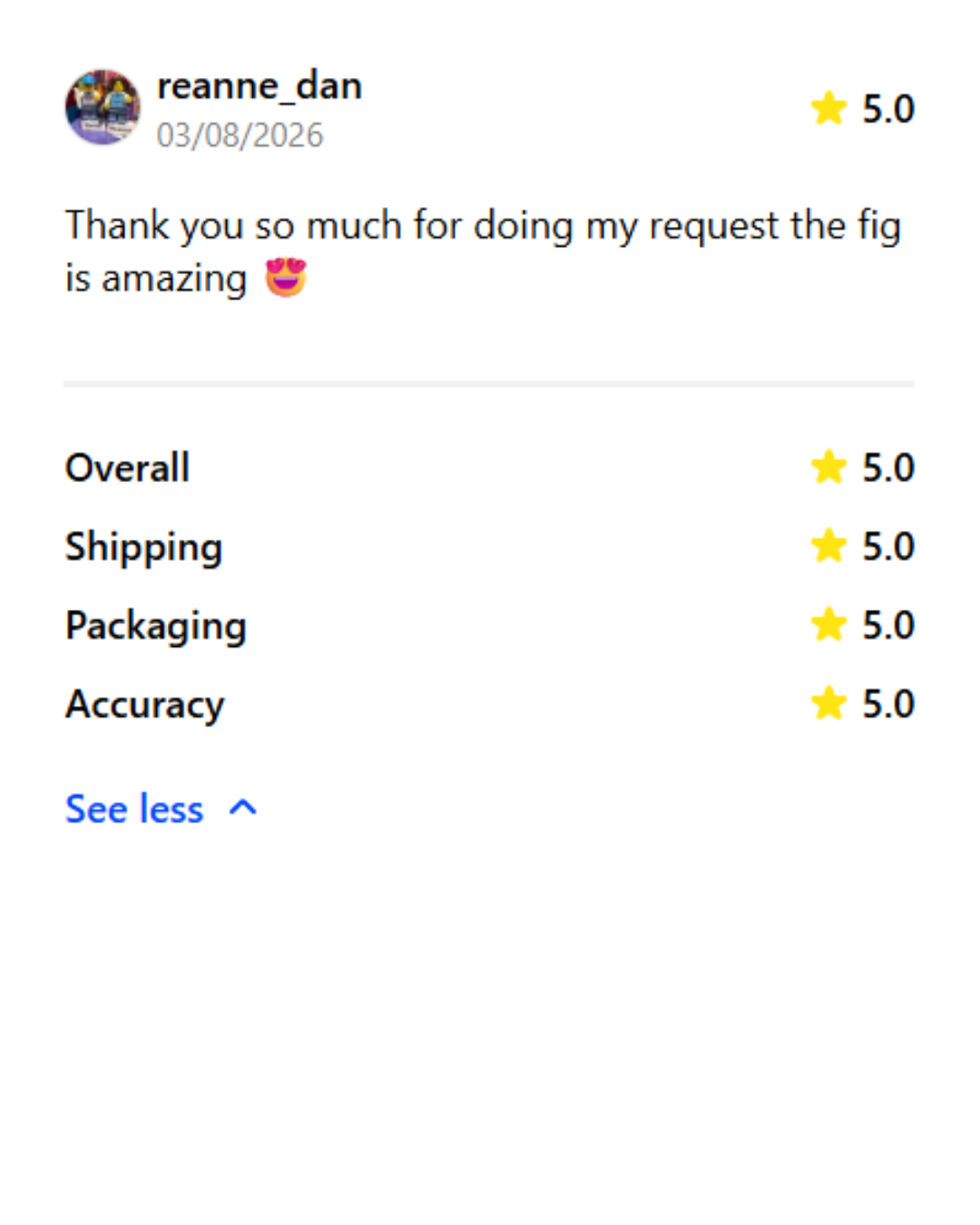 A screenshot of a positive product review, with five-star ratings in categories like overall, shipping, packaging, and accuracy, accompanied by a thank you message and a heart-eyes emoji.