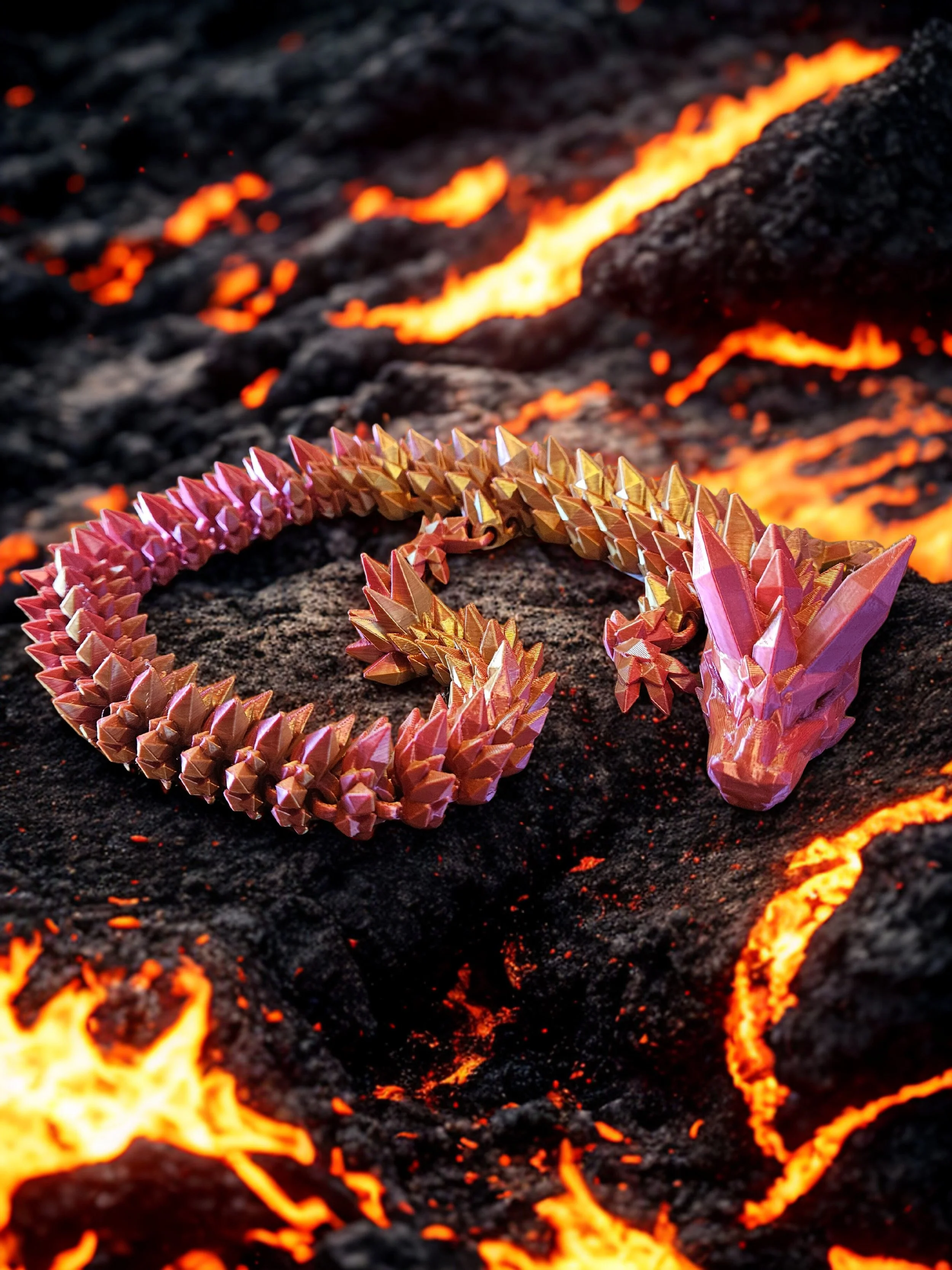 A colorful origami dragon made from multiple folded paper triangles, resting on black volcanic rocks with glowing lava in the background.