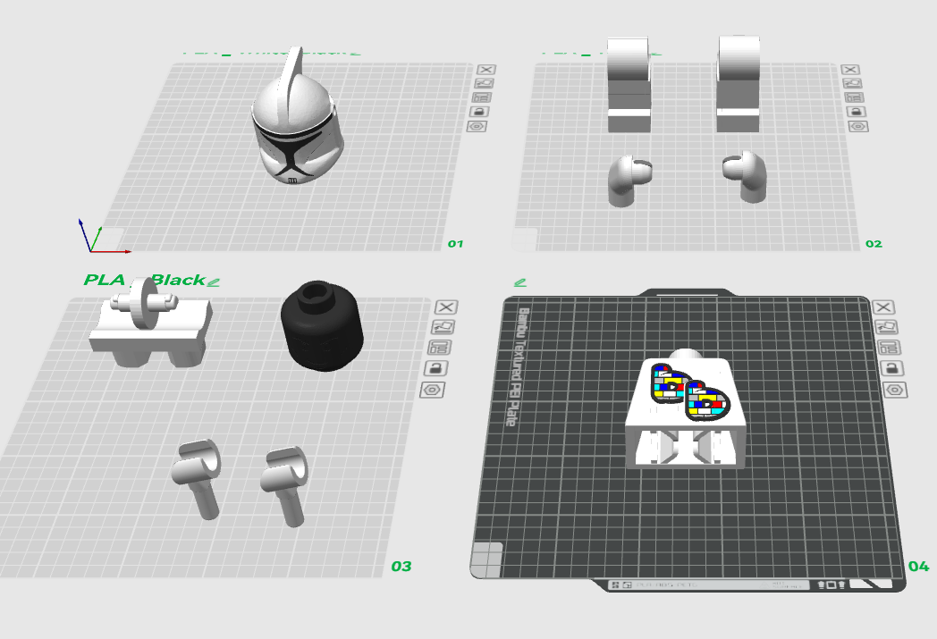 A 3D model of a helmet, two cylinders, a black cylindrical part, two earpieces, and a central piece with a colorful pattern, all arranged on four separate grid surfaces.