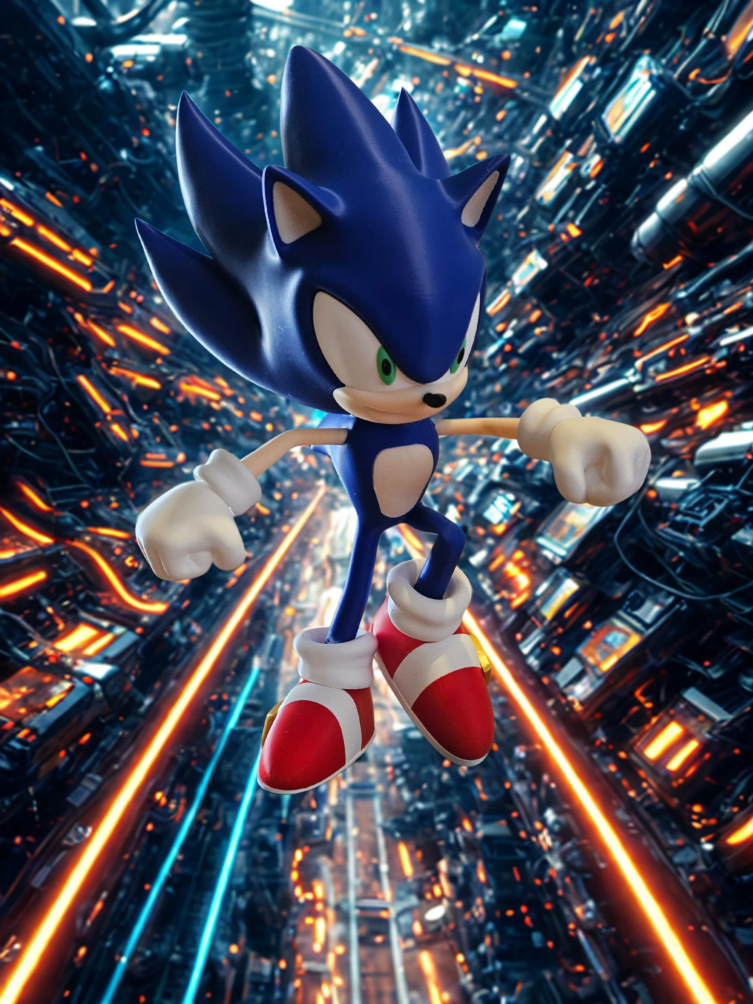 Sonic the Hedgehog character running with a futuristic cityscape background featuring neon lights and glowing lines.