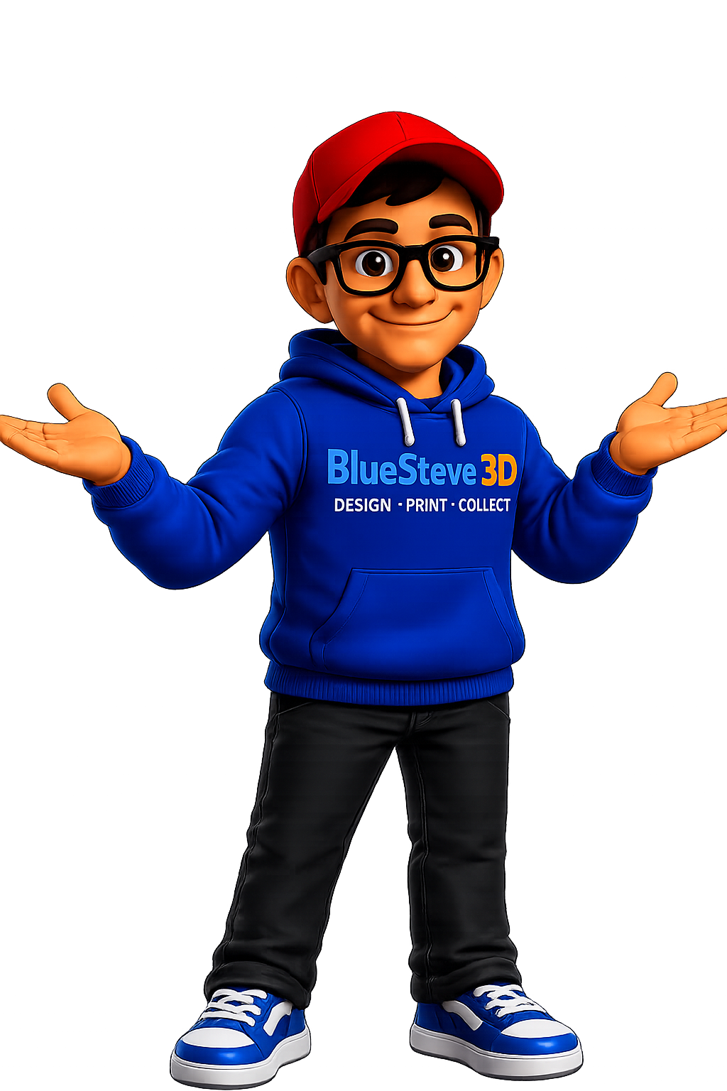 Animated young man with glasses, wearing a red cap, blue hoodie with 'BlueSteve3D Design Print Collect' printed on it, and black pants, standing with arms outstretched against a blank background.