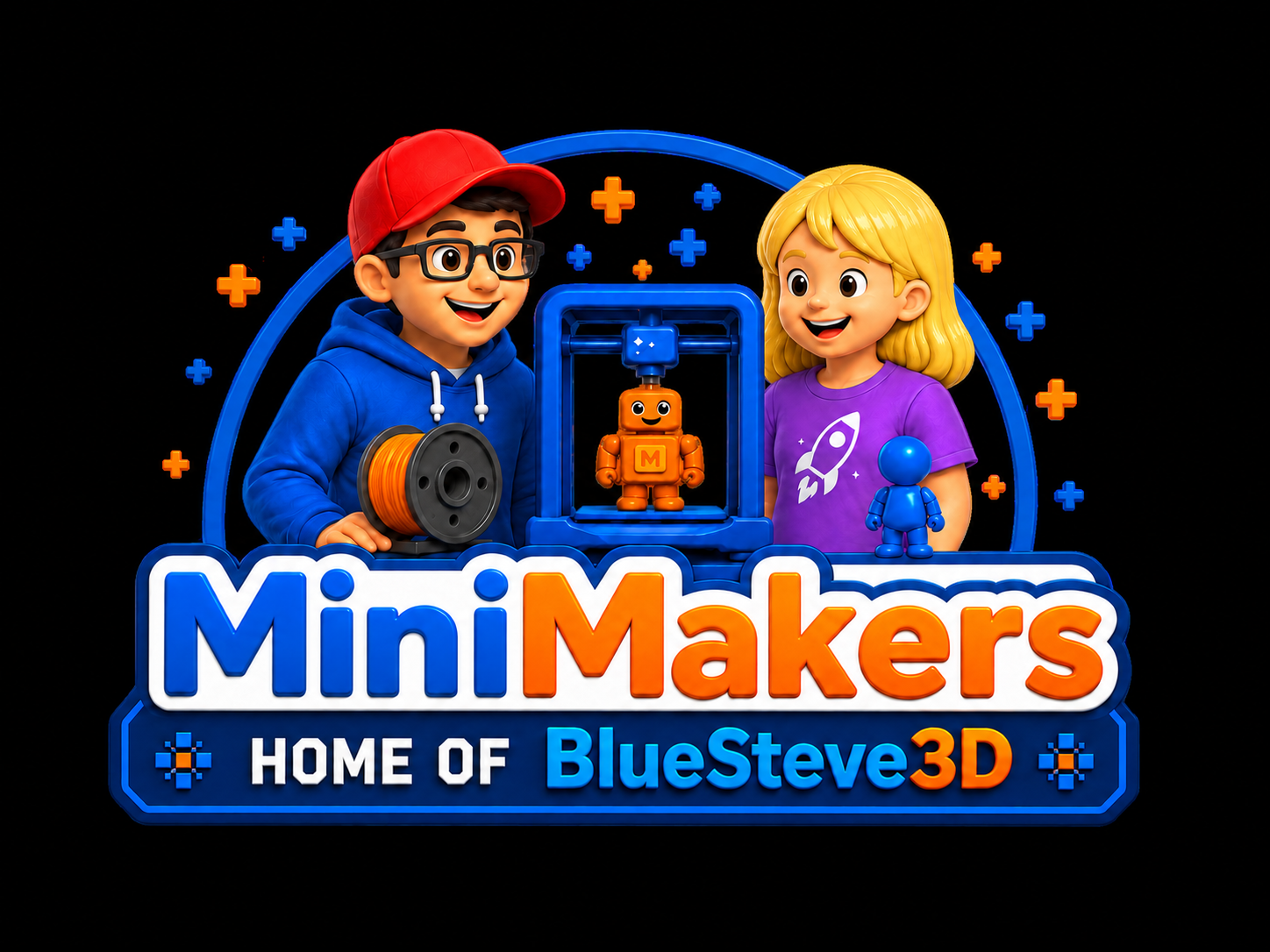 Children engaging with a 3D mini maker robot show on a digital display with text 'Mini Makers Home of BlueSteve 3D' and colorful plus signs on a black background.