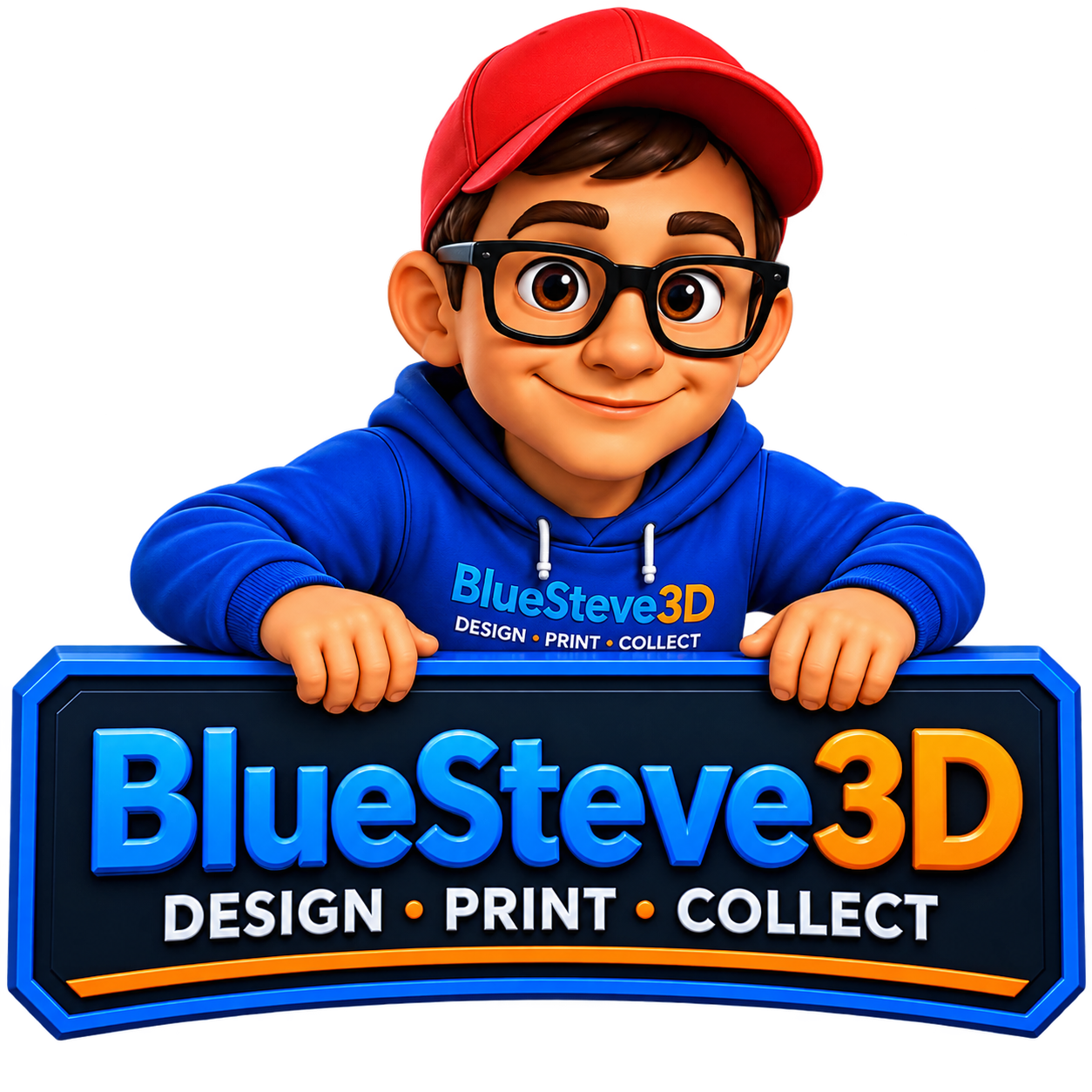 Animated character of a young boy with glasses, wearing a red cap and blue hoodie, holding a sign that reads "BlueSteve3D DESIGN PRINT COLLECT" with a red arrow in the background.