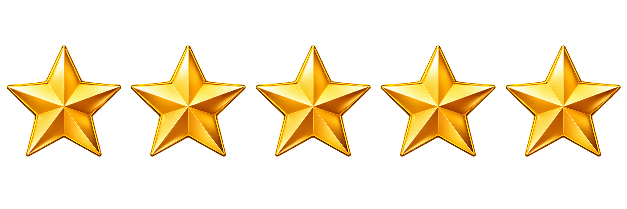 Five gold stars aligned horizontally, symbolizing a high rating or review.