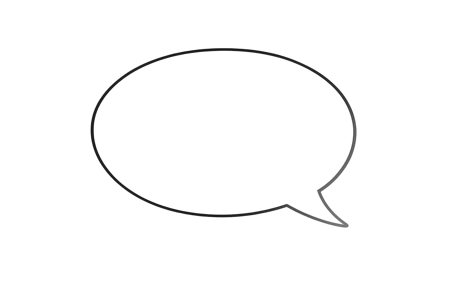A black speech bubble with a thin outline on a grey gradient background.