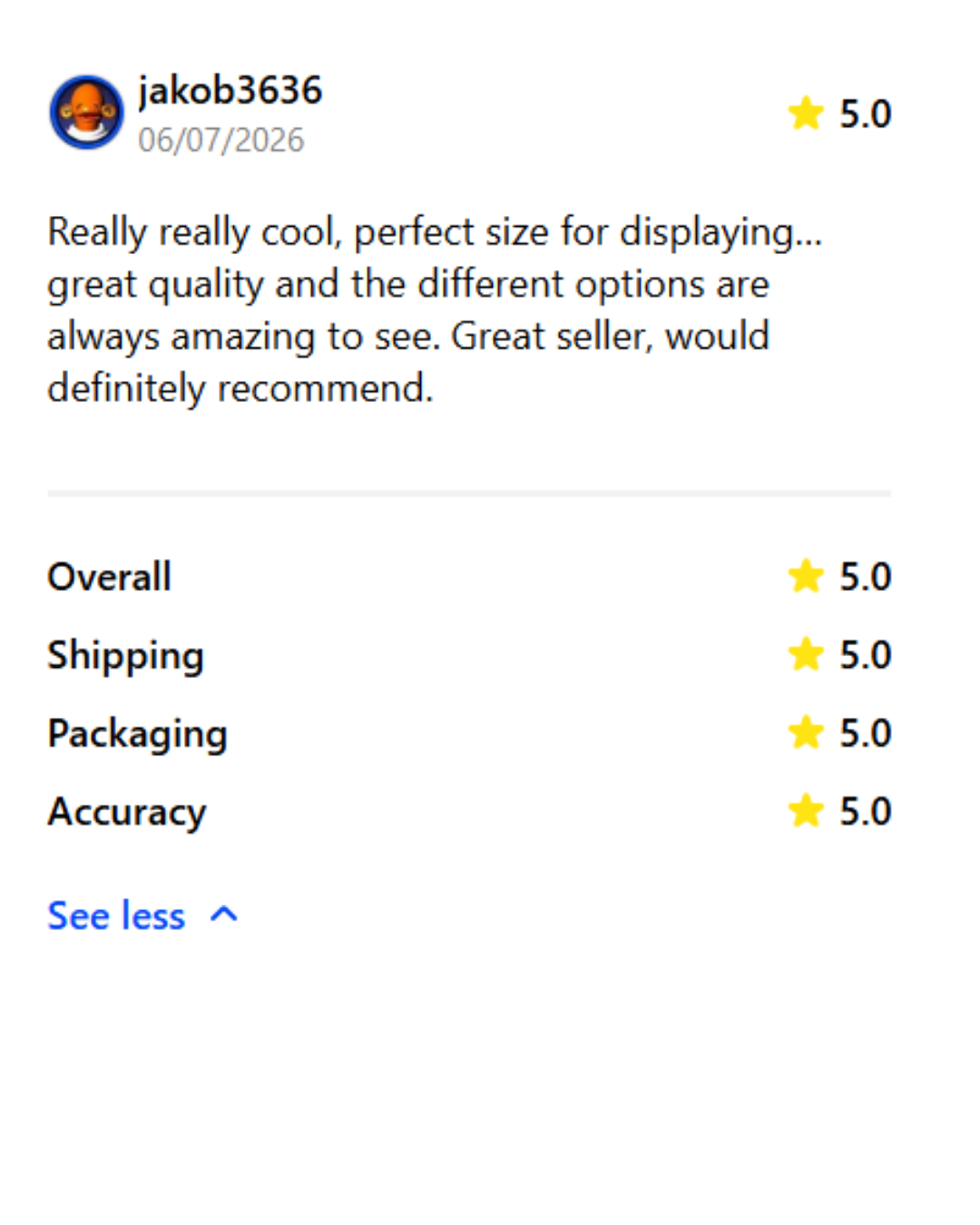 User review of a product with a five-star rating, dated June 7, 2026. The reviewer praises the product's size, quality, and options, and recommends the seller. The review section shows overall, shipping, packaging, and accuracy ratings, all five star