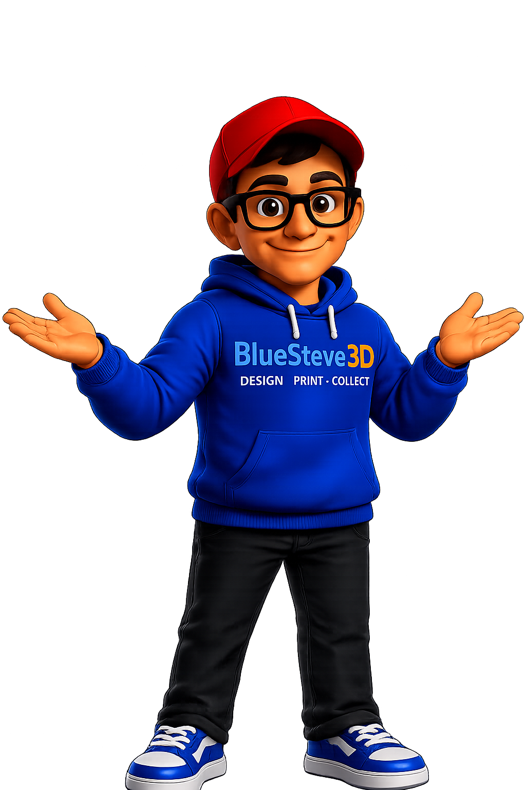 Animated boy with black hair, glasses, and a red cap, wearing a blue hoodie with the text 'BlueSteve3D Design Print Collect', black pants, and blue sneakers, standing with arms outstretched.