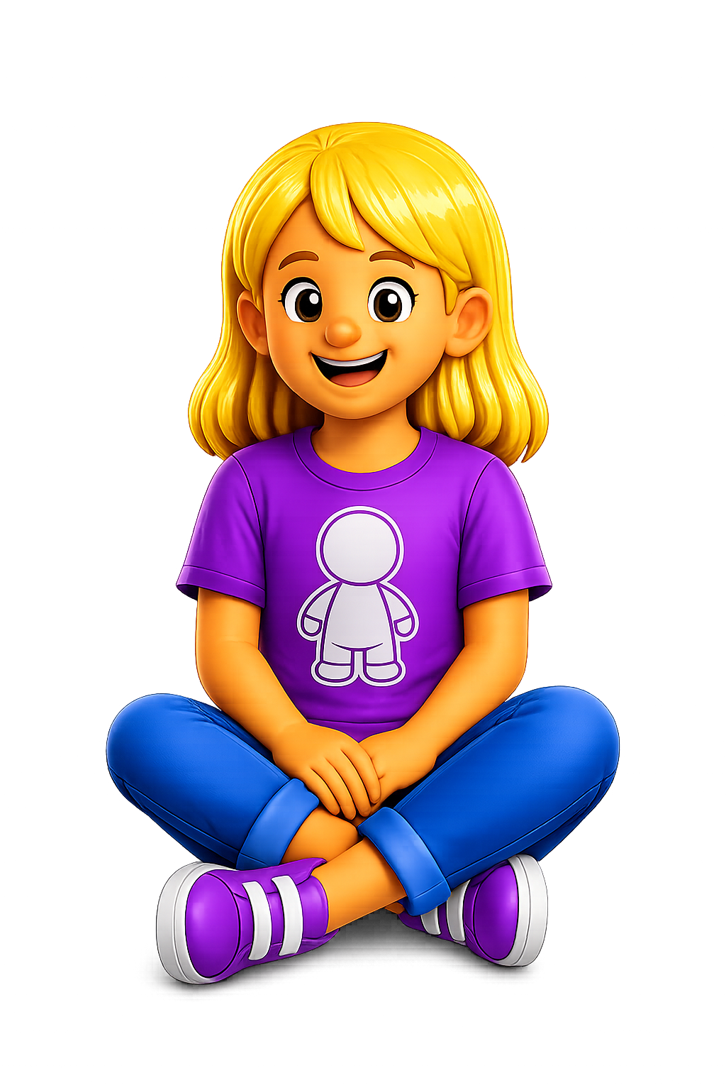 Animated girl with blonde hair, wearing a purple t-shirt with a white outline of a cartoon character and blue jeans, sitting cross-legged and smiling.