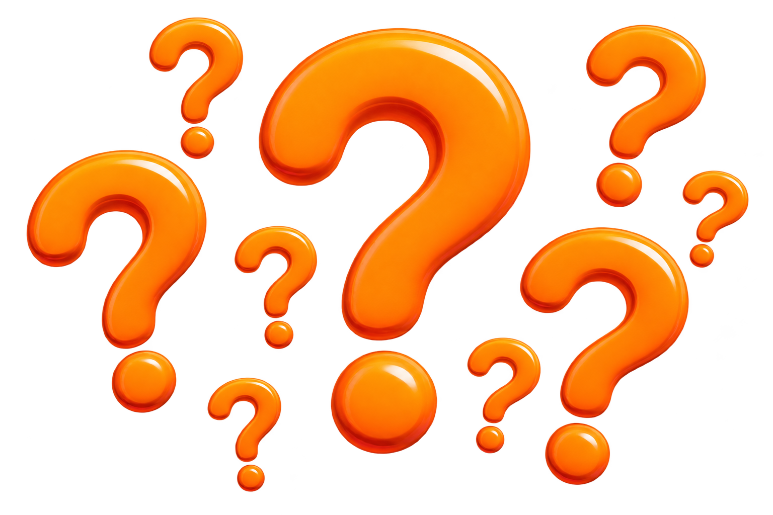 Multiple orange 3D question marks arranged randomly with reflective highlights.