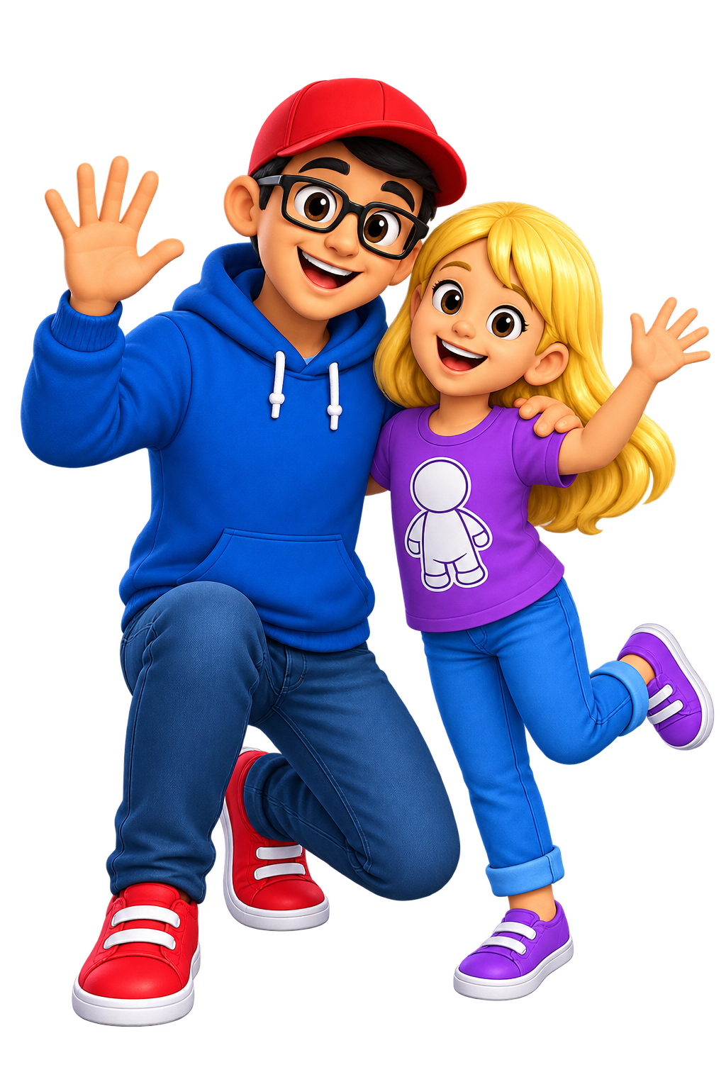 Cartoon boy and girl children smiling and waving, wearing colorful clothes and sneakers, with a blurred vibrant background.