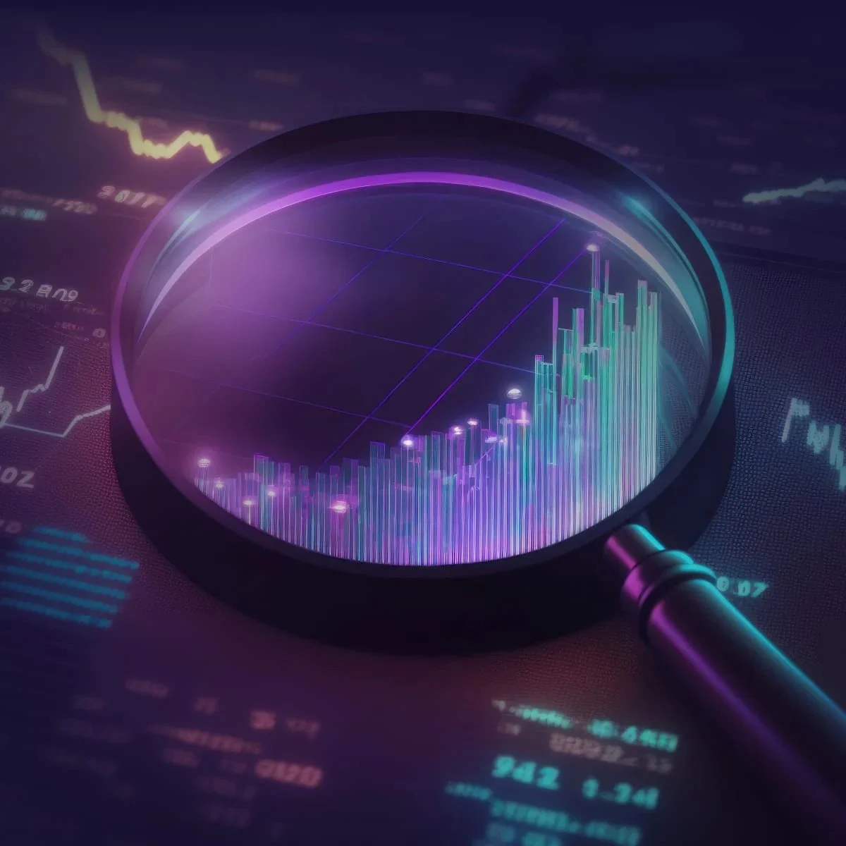A digital graphic of a magnifying glass focusing on a 3D bar chart with glowing, colorful bars showing data growth. The background features financial charts and data points.
