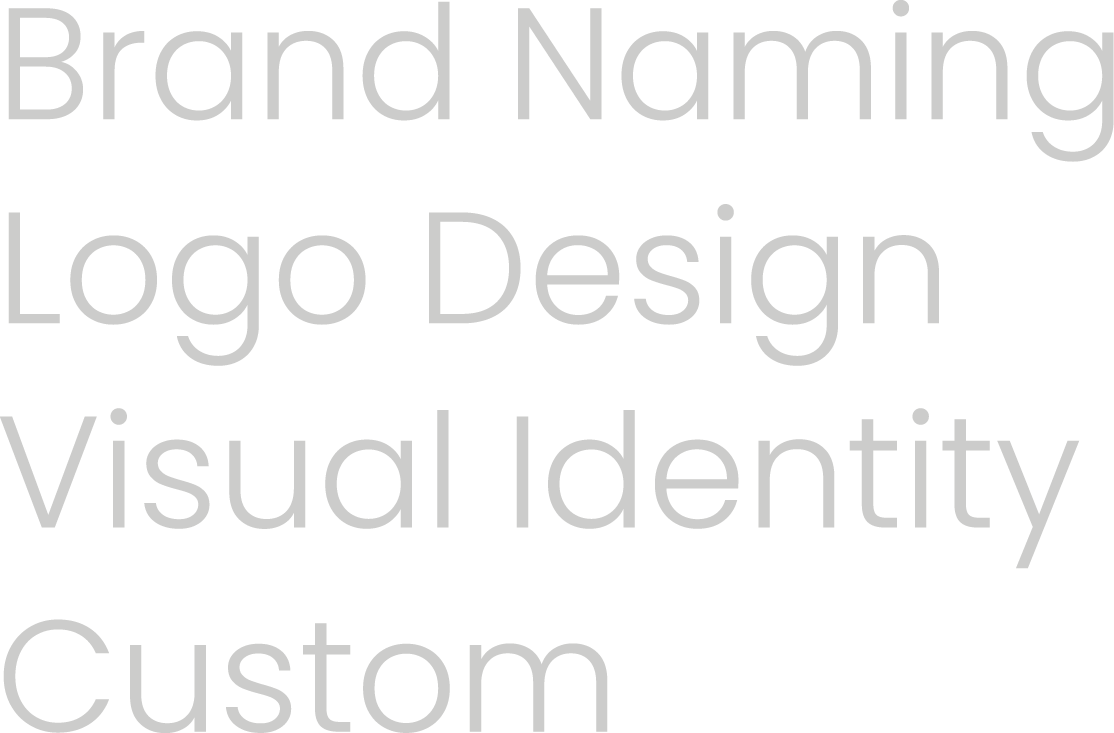 Text in the image reads 'Brand Naming Logo Design Visual Identity Custom' in grey font.