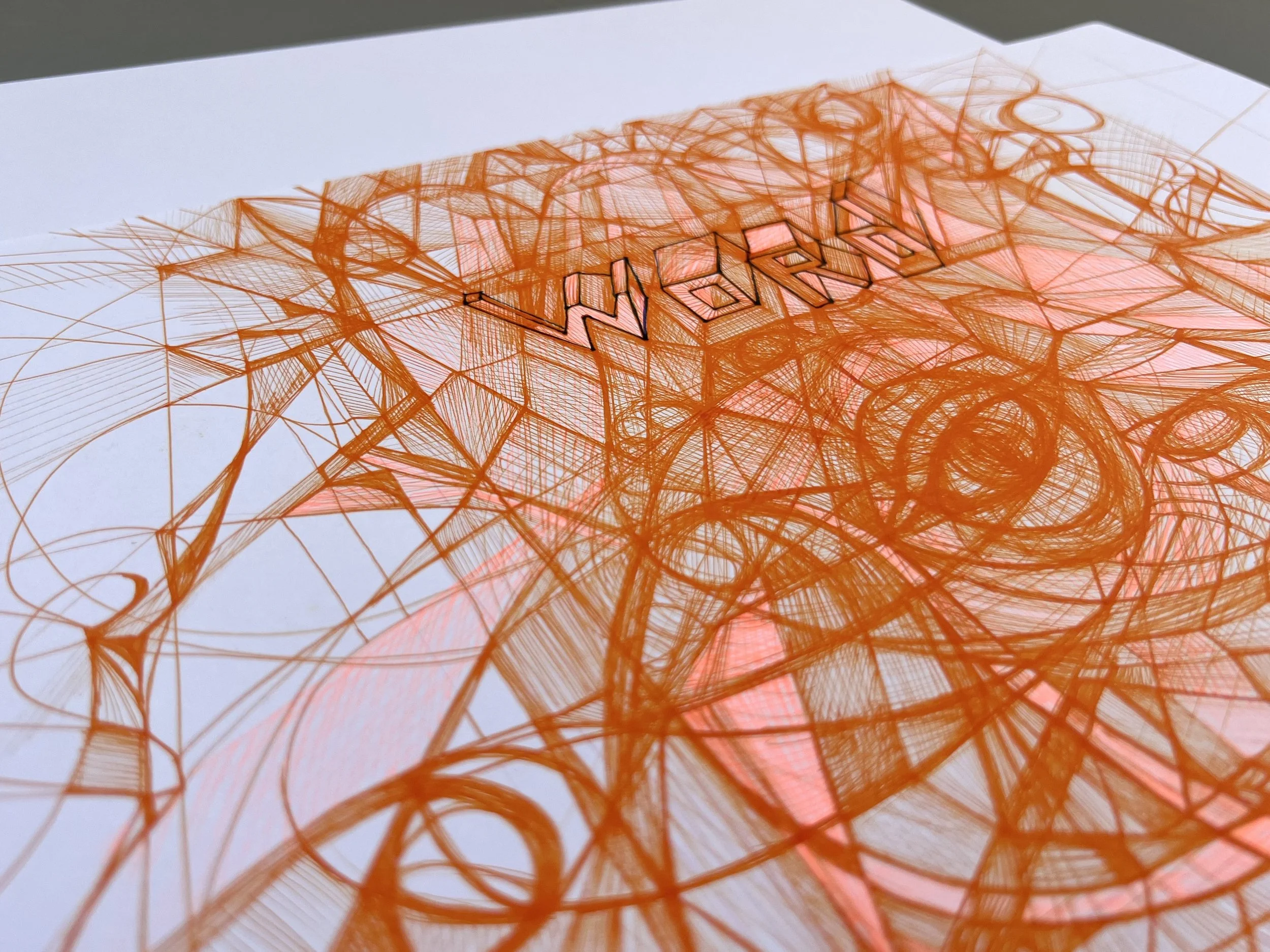 Drawing of abstracts in orange colours and 3d Word in the middle