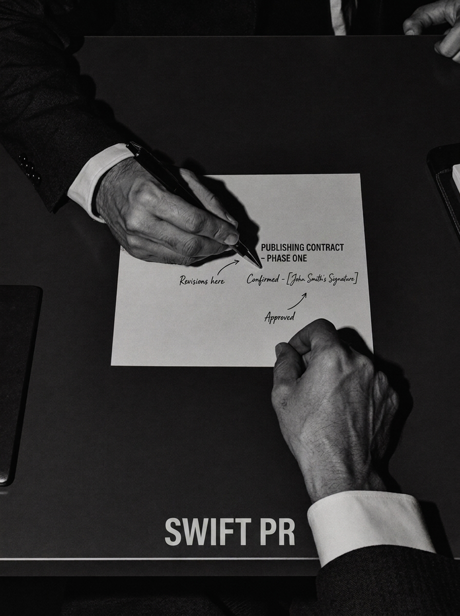 A person in a suit is signing a document titled 'Publishing Contract - Phase One' on a dark office desk. The document has handwritten annotations pointing to different sections, including 'Revisions here,' 'Confirmed - [John Smith's Signature],' and 'Approved,' with arrows indicating where to sign and make revisions. The person's hands are prominent, with one hand holding a pen and the other resting on the paper. The image is in black and white, and the words 'SWIFT PR' are printed at the bottom of the image.