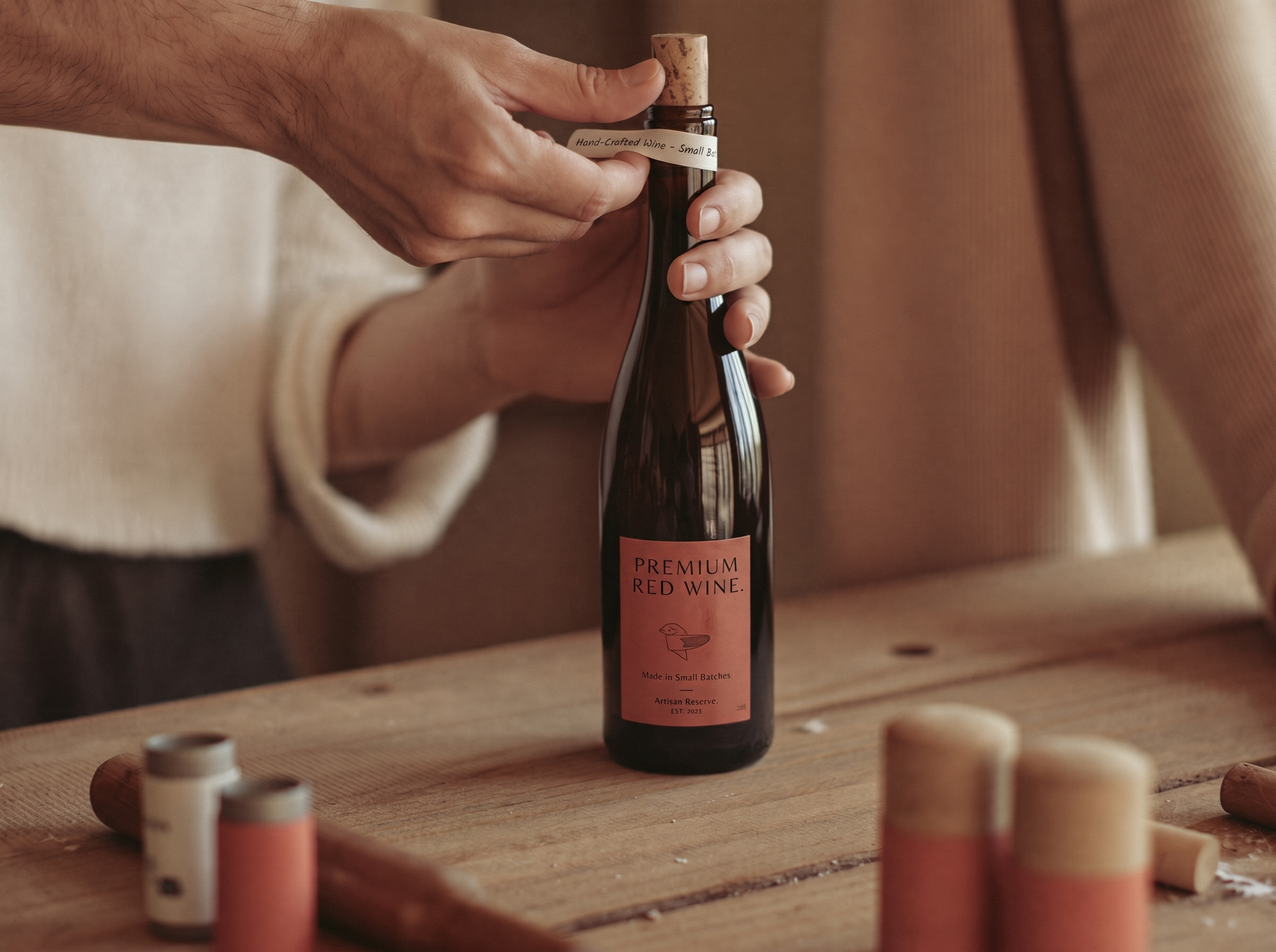 A person opening a small bottle of red wine labeled 'Premium Red Wine' on a wooden surface with other small bottles in the foreground and a soft, warm background.