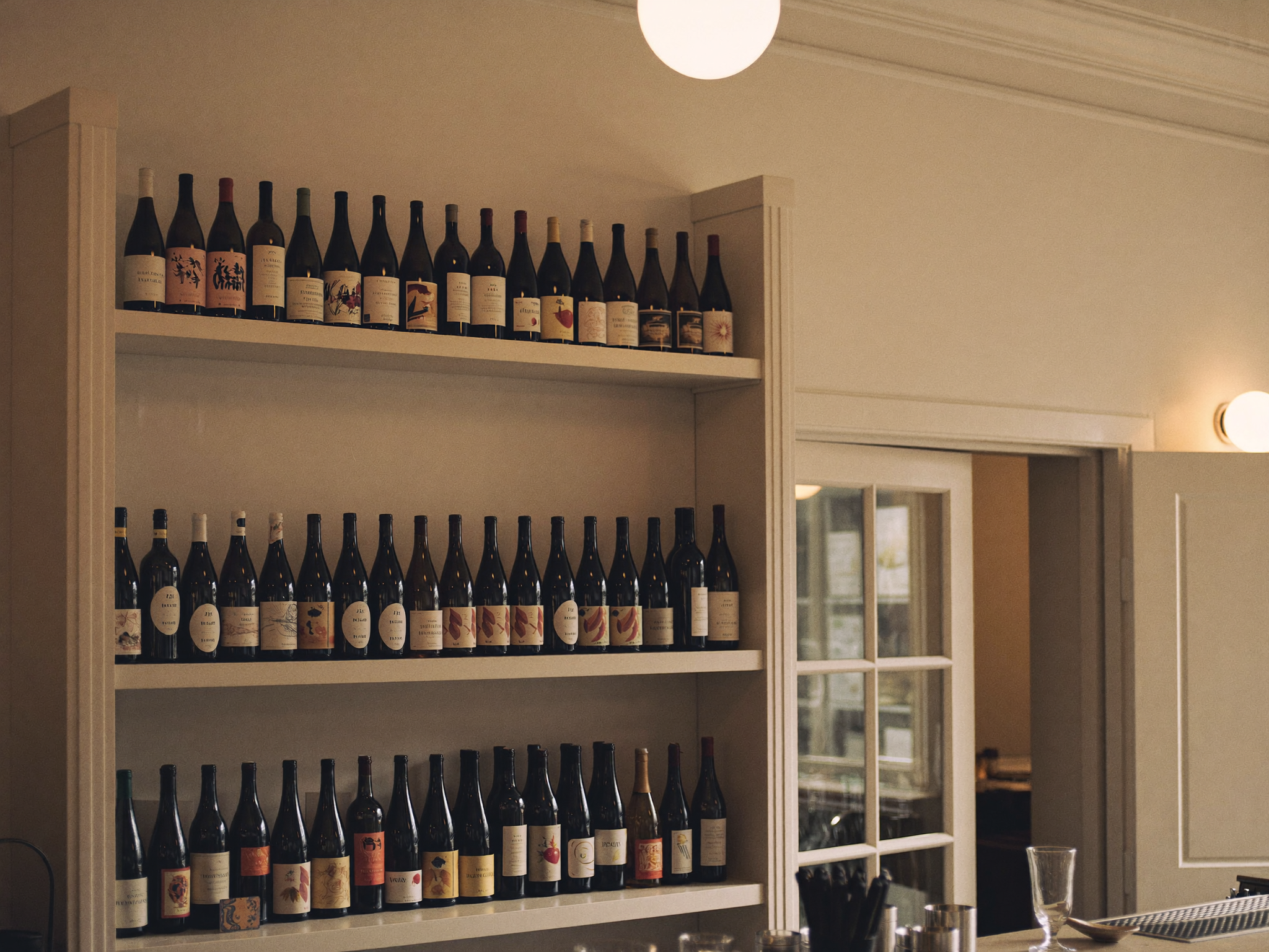 A wine display shelf filled with various bottles of wine in a cozy, warmly lit room.