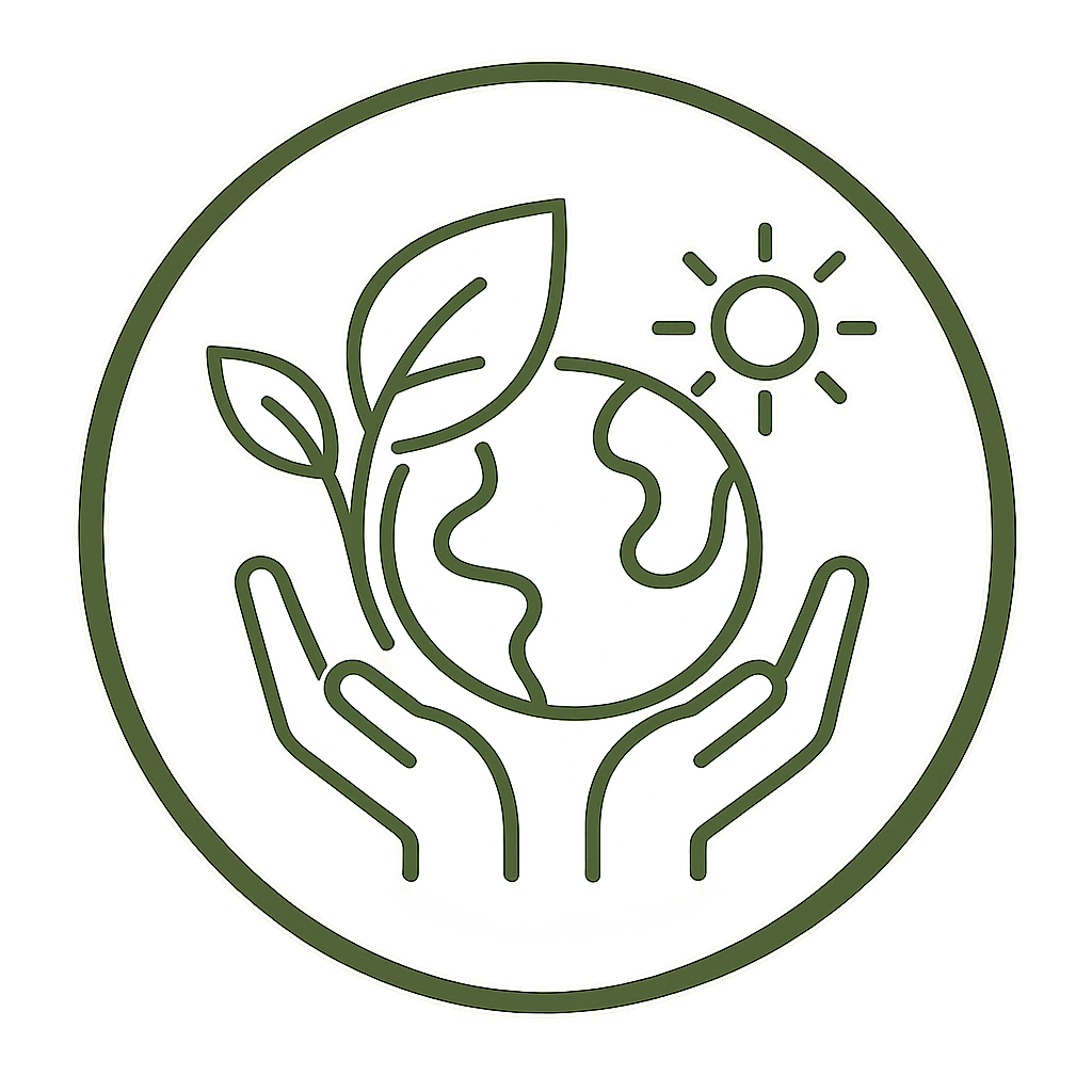 Icon of hands holding the Earth with a plant, sun, and green accents, representing environmental sustainability.