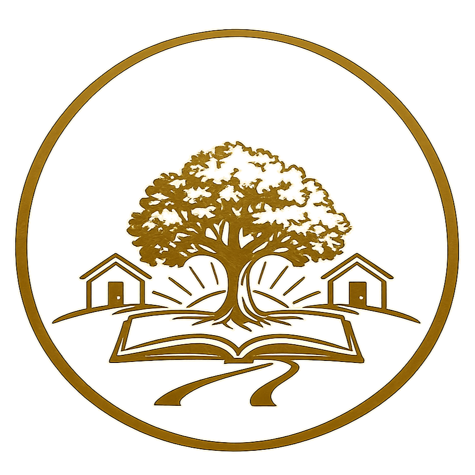 A logo featuring a large tree with spreading branches, two small houses on either side, and an open book at the base with a winding path leading to the tree. The background is a yellow circle with rays emanating from the tree.
