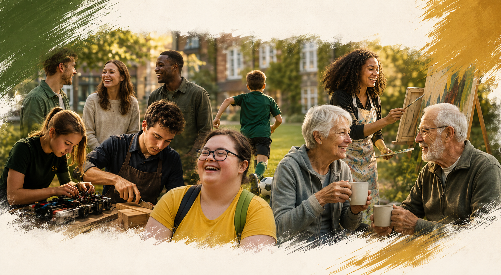 Group of people outdoors enjoying various activities including talking, painting, playing with toy cars, and having coffee, with a university or historic building in the background.