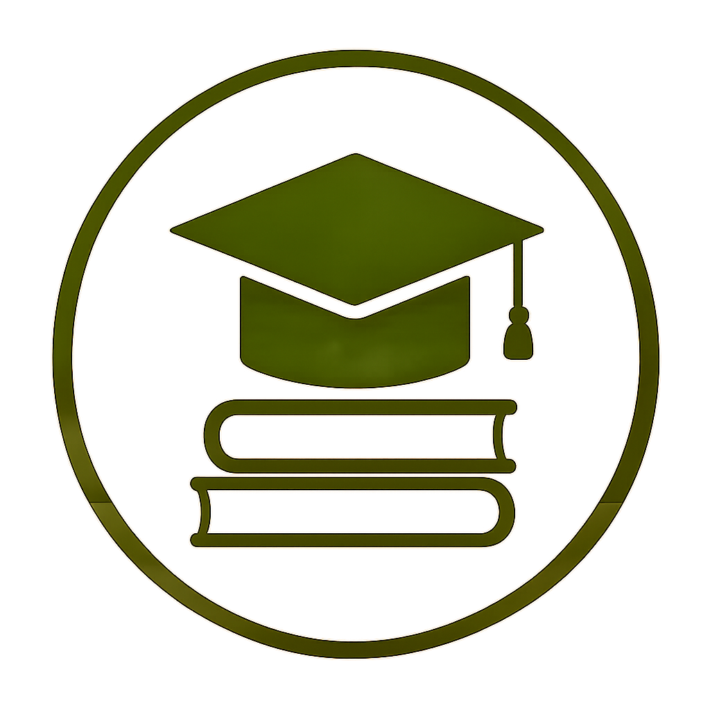 Icon of a graduation cap on top of two stacked books, enclosed in a circular outline.