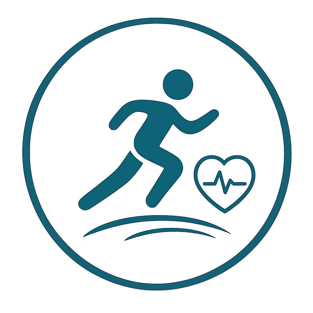 Icon of a person running with a heart and pulse line symbol inside a circle, representing physical activity and cardiovascular health.