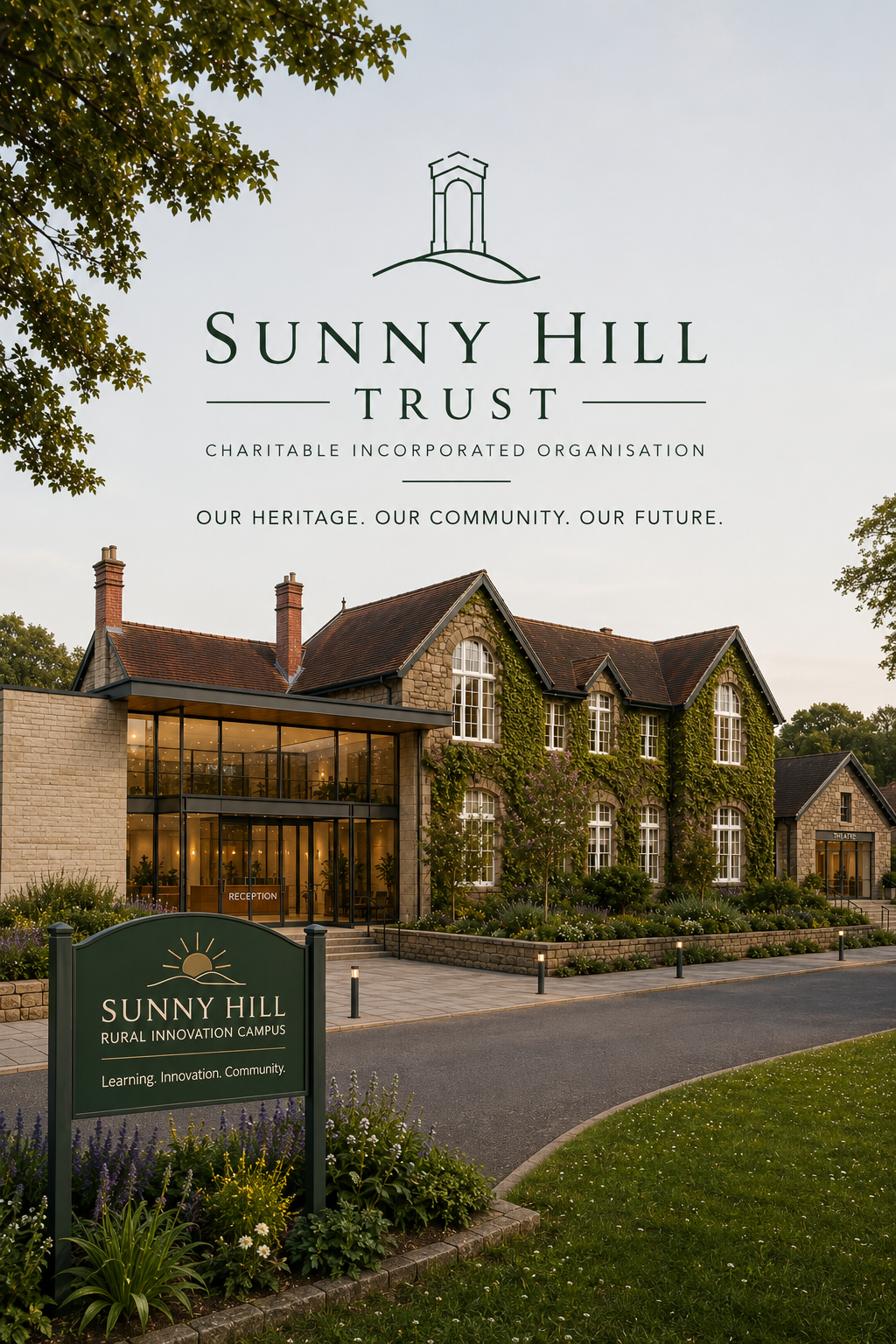 Exterior of the Sunny Hill Rural Innovation Campus building with a glass entrance, brick walls covered in green ivy, and a sign in the front yard reading 'Sunny Hill Rural Innovation Campus, Learning. Innovation. Community.'