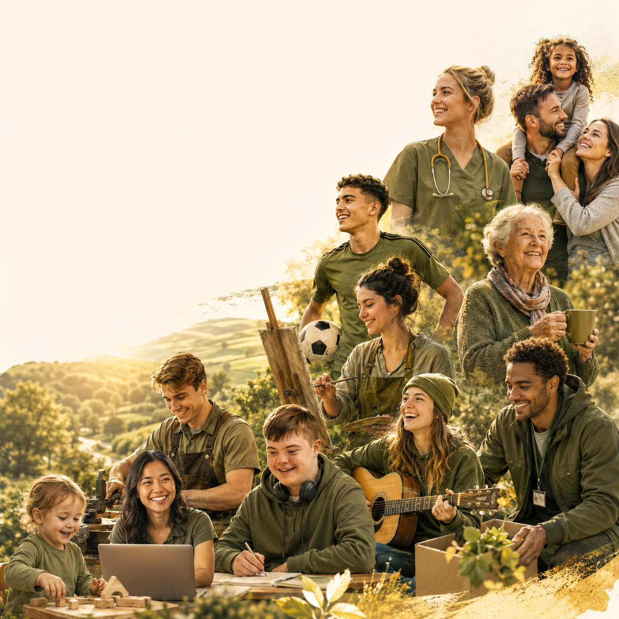 A diverse group of people outdoors in a park, engaging in different activities like playing guitar, painting, working on a laptop, and socializing, with rolling hills and trees in the background.