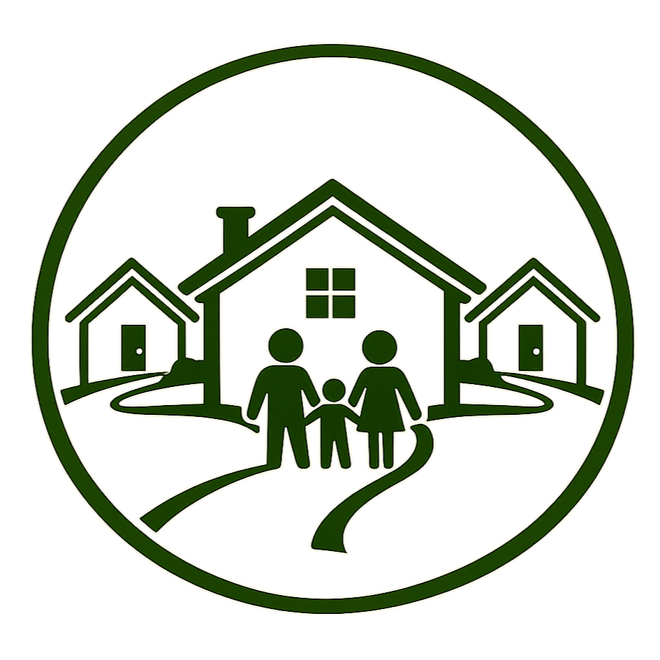A family of three holding hands in front of a house with two additional smaller houses and a green circle border.