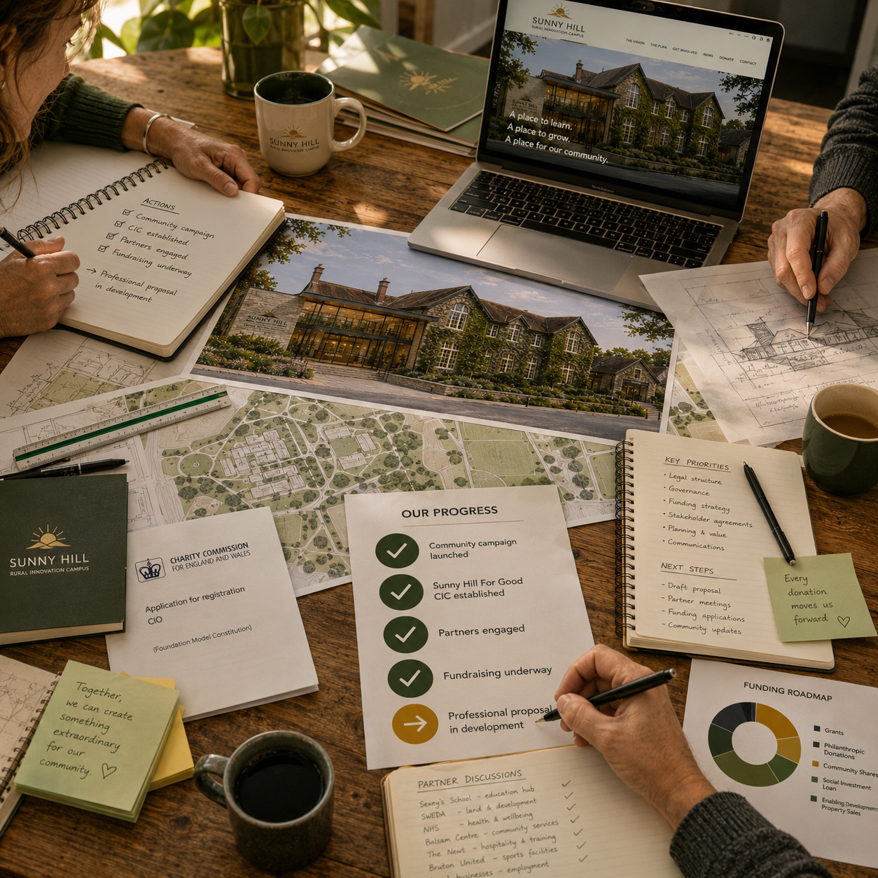 Meeting planning a community project at a wooden table with maps, illustrations of a building, notes, a laptop, and coffee cups.