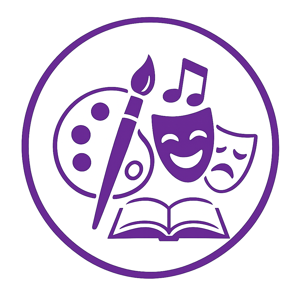 A purple circular icon with arts and culture symbols including a paint palette with a paintbrush, theatrical masks with happy and sad expressions, a music note, and an open book.