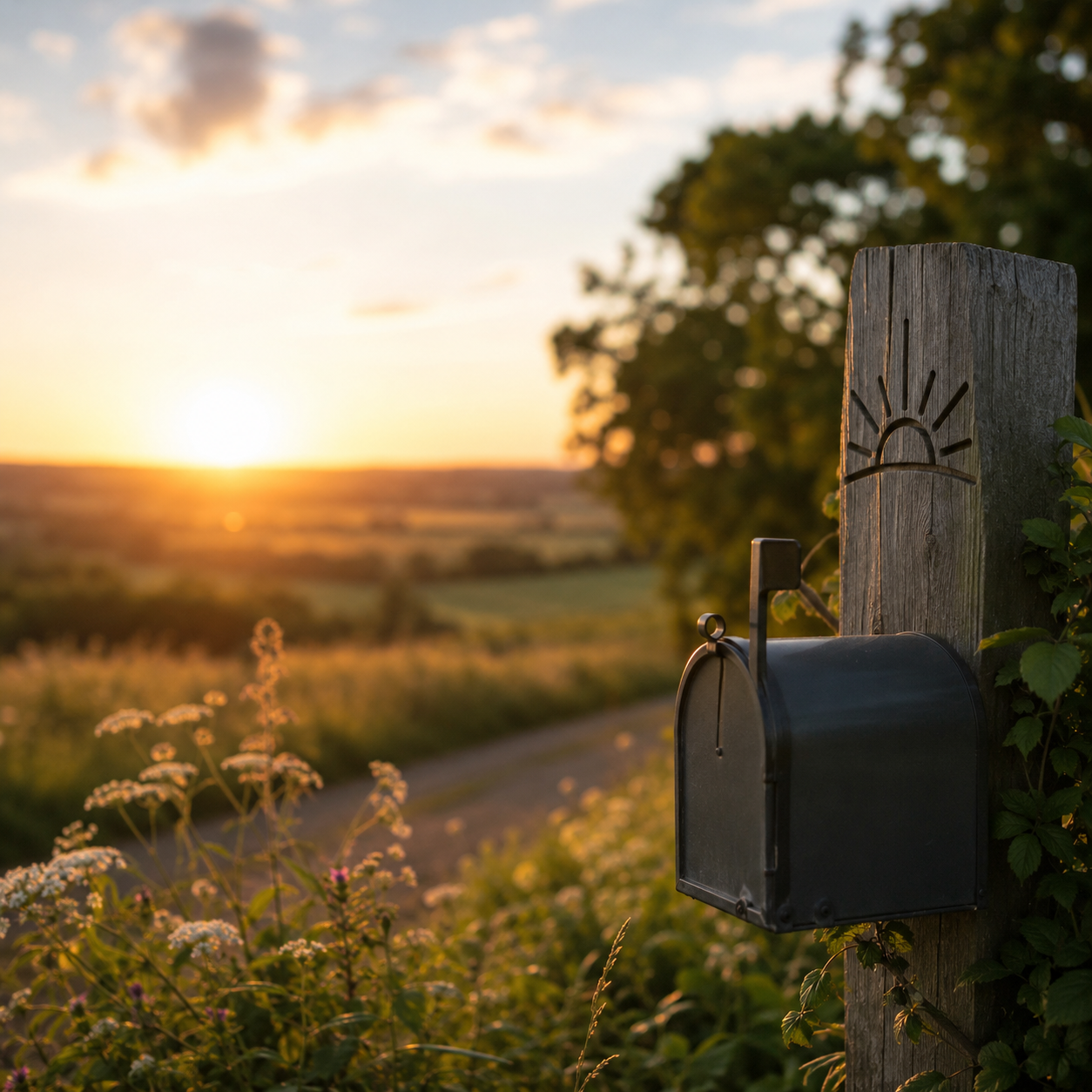 A black mailbox attached to a wooden post near a dirt road during sunset, with a rural landscape and a tree in the background.