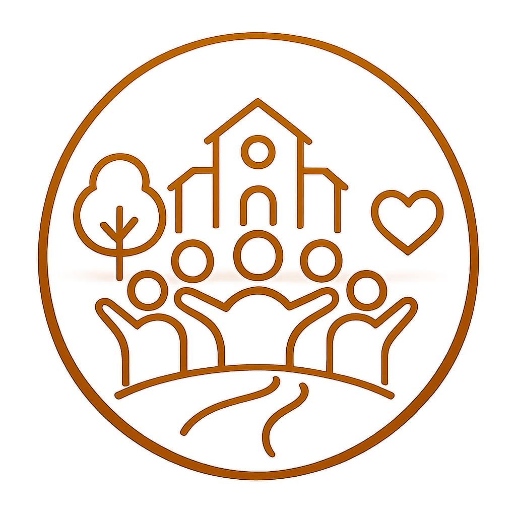 Outline of hands holding a house, with a tree, a heart, and other small figures, symbolizing community and care.