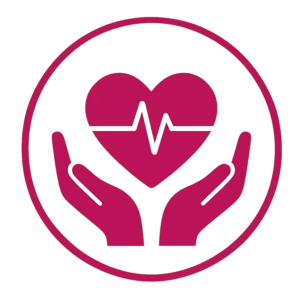 Icon of two hands holding a heart with an EKG line, representing heart health or care.