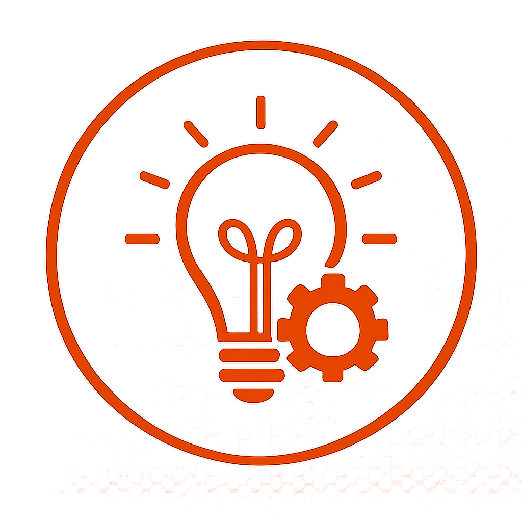 An orange icon representing an idea with a light bulb and a gear, symbolizing innovation and technical process.