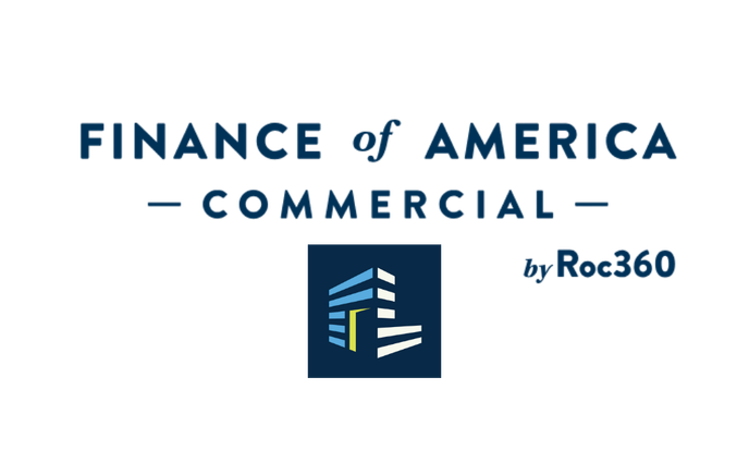 Logo for 'Finance of America Commercial by Roc360' featuring stylized building graphic.