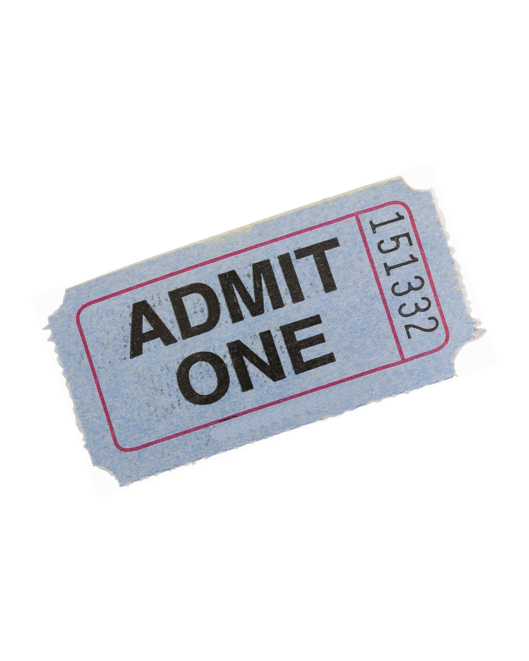 A blue movie ticket with the words 'Admit One' and a serial number.