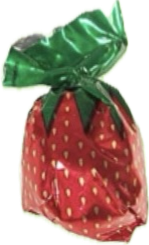 A wrapped fruit-shaped candy or chocolate with green, red, and yellow wrapper, resembling a strawberry.
