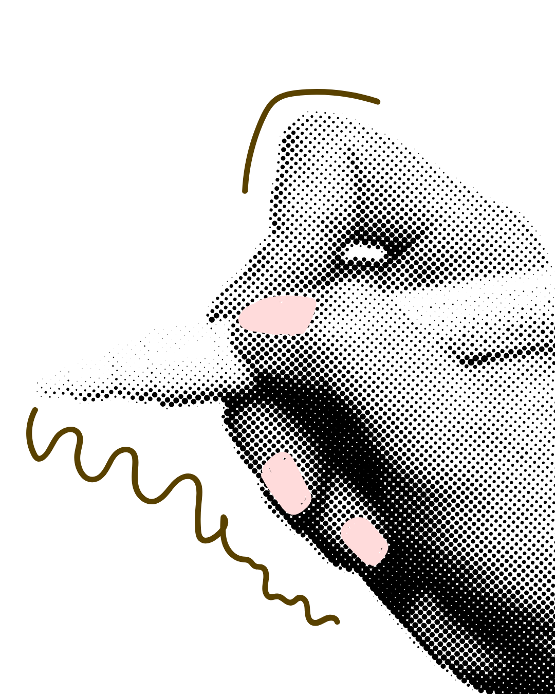A stylized, halftone illustration of a hand holding a Japanese folding fan with cherry blossom design, showcasing dark and light shades against a black background.