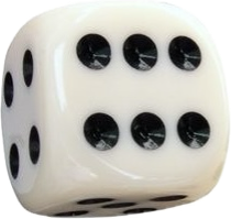 A white six-sided die showing the number six.
