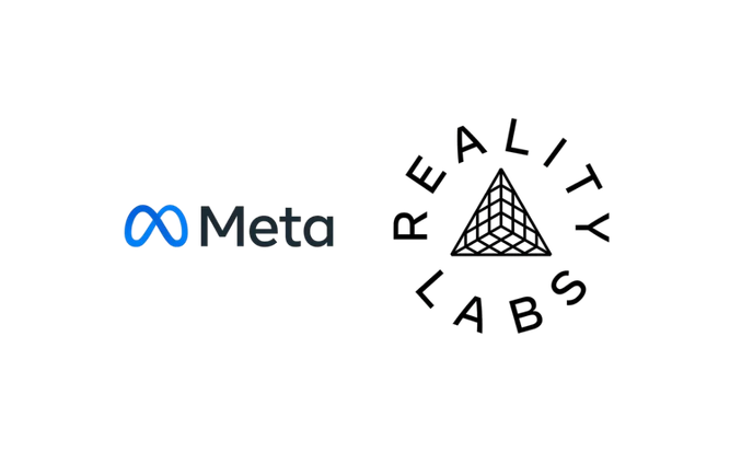 Meta logo with a blue infinity symbol and the word 'Meta' next to it, and a geometric design with a triangle and connected lines.