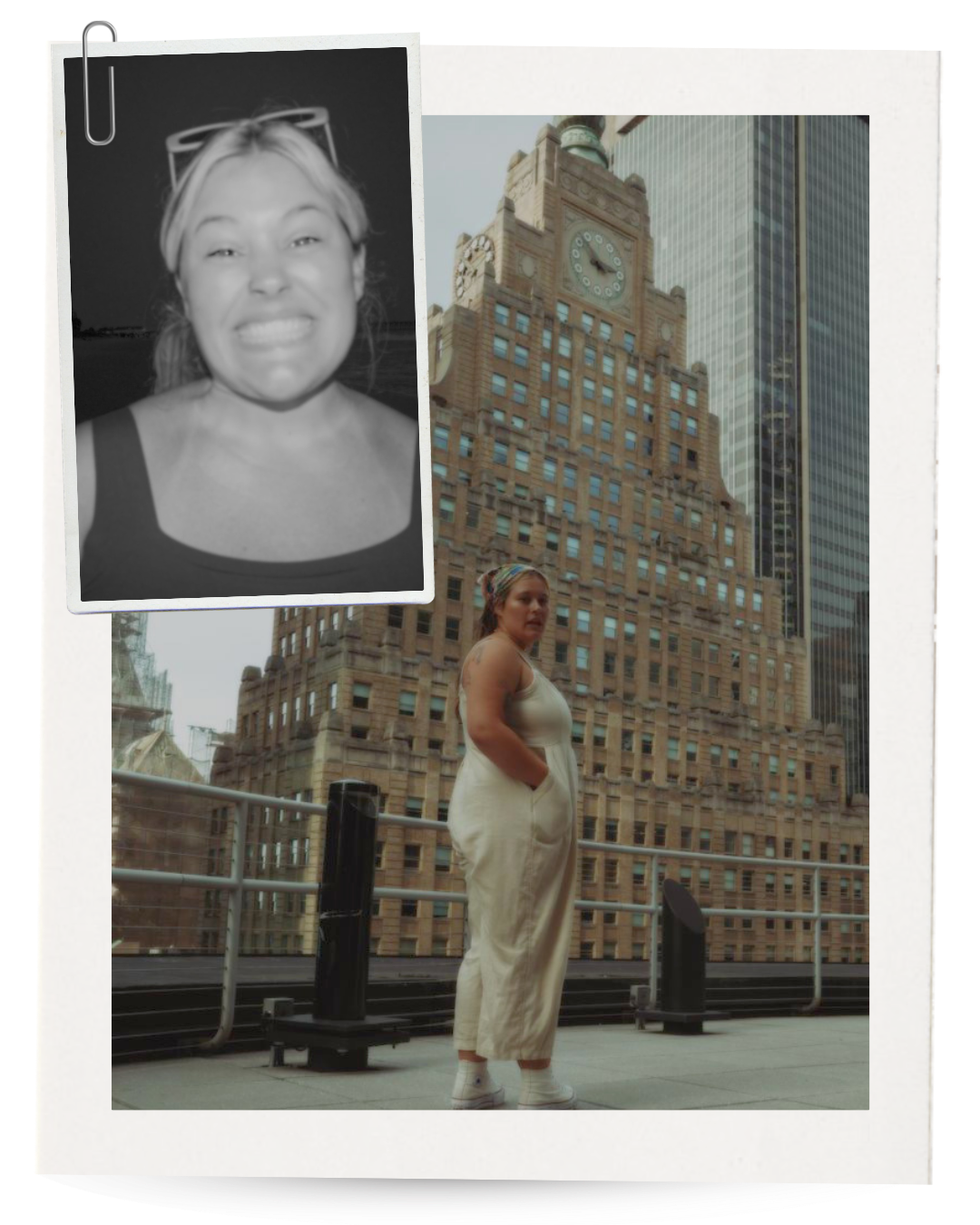 A woman standing on a city rooftop with tall buildings in the background, wearing a light-colored jumpsuit and a headband, with her hands in her pockets. An inset black-and-white photo of another woman smiling is attached with a paperclip.