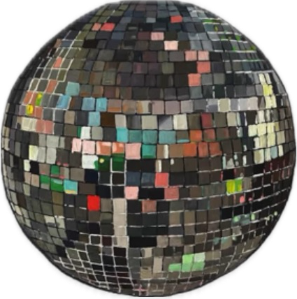 A spherical mirror made of small, square, reflective tiles resembling a disco ball.