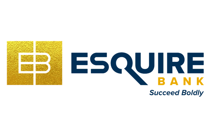Logo for Esquire Bank with a gold square and a stylized letter B, followed by the bank's name and tagline 'Succeed Boldly'.