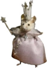 A plush toy mouse wearing a pink dress and a small gold crown, holding a tiny matching mouse toy