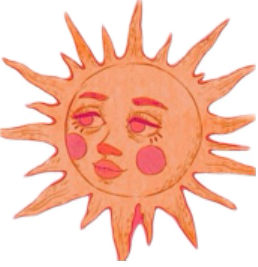 A drawing of a whimsical sun with a human-like face, pink cheeks, and closed eyes, with rays extending outward.
